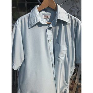 VTG Wards MOD Mens L 17 Blue Polyester Office Nerd 70s Shirt Short Sleeve Pocket